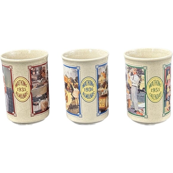 Watkins Almanac stoneware Coffee Mugs made in England 1935, 1936, 1955 Set of 3 - Picture 2 of 5
